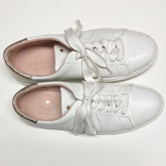 Kate Spade Angelise Leather Silhouette Sneakers Size 8.5B White Gold Lace-up - Picture 4 of 9